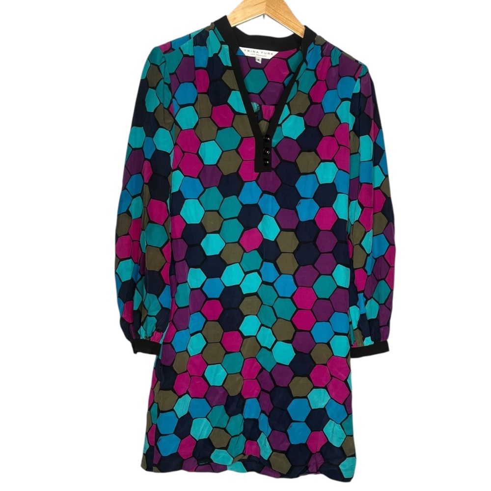 Trina Turk silk dress Multicolor geometric Hexagon Long Sleeve women’s size 6
